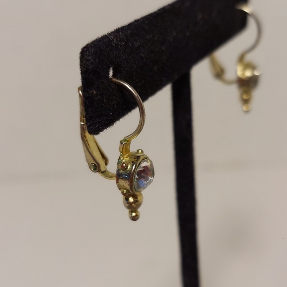 Gold Tone Lever Back Dangle Earrings w White Stone - Metal Detail - Picture 4 of 10